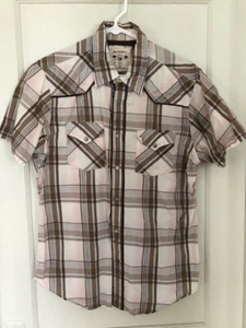 Guess Western Shirt Men L Brown Pink Plaid Short Sleeve Pearl Snap Pockets - Picture 1 of 6