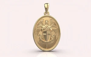 14k Solid Gold Saint Michael Pendant, Saint Michael Oval Shape Gold Pendant - Picture 1 of 5