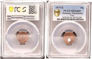 3. Rich 1 Pfennig 1937-E J.361 PCGS MS64RB Almost Bu 124361 - Picture 1 of 1