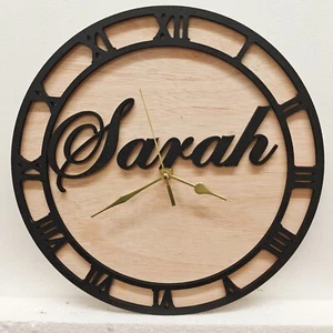 black personalised laser cut wood wooden wall clock door name word number letter - Picture 1 of 12