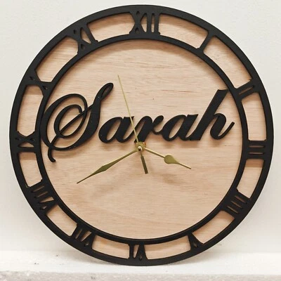 black personalised laser cut wood wooden wall clock door name word number letter - Image 1 of 4