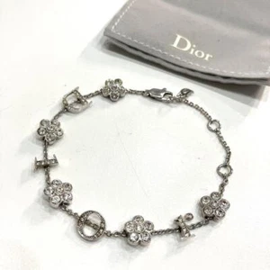  Christian Dior bracelet DEFECT rhinestones flower & logo silver length 21.5cm - Picture 1 of 7