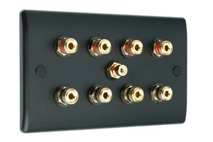 Speaker Wall Plate Matt Black 4.1 8 Gold Binding Posts+1 RCA AV Audio Non-solder - Picture 1 of 5