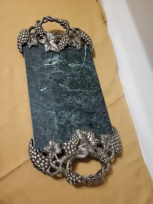Retired Godinger Green Marble Cheese Charcuterie Board Silver-Plate Grape Handle - Image 1 of 4