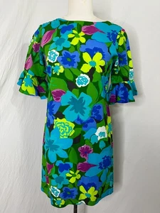 Hale Muu Hawaiian Dress 60s 70s Floral Mini Shift Blue Green Cabana Beach - Picture 1 of 5