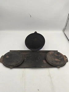 Seltene Gusseisen aufklappbare Eierpochierer Grillpfanne 3 Flop Pfannkuchen Pfanne unbeschriftet - Bild 1 von 13