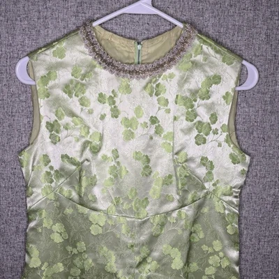 Vintage Retro 50s 60s Green Satin Tailored Floral Sleeveless Maxi Dress XS/S - Image 1 of 4