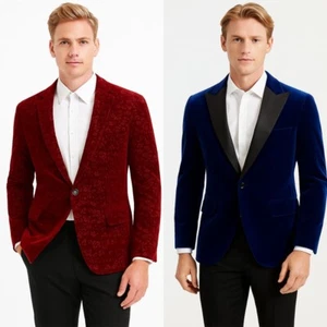 Velvet Men Blazer Jackets Regular Fit Groom Wedding Formal Shawl Lapel Coats - Picture 1 of 31