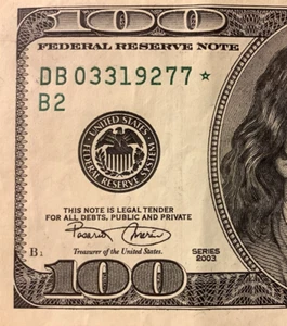 'B' District 2003 $100 Dollar Star Note ☆ DB03319277☆ Birthday 03/3/1927 2.24M - Picture 1 of 4