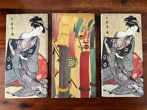 Lote De 3 Cartera Cartera De Tela Kitagawa Utamaro Wagami Estampado Japonés De Colección - Imagen 1 de 8