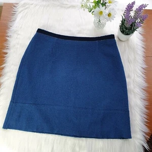 Laura Ashley Teal Blue Boiled Wool Skirt Size 14 Velvet Trim Straight Above Knee - Picture 1 of 5