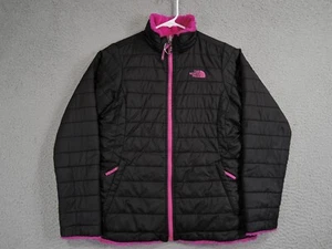 North Face Jacket Girls Large Black Pink Reversible Puffer Teddy Bear Fleece - Picture 1 of 15