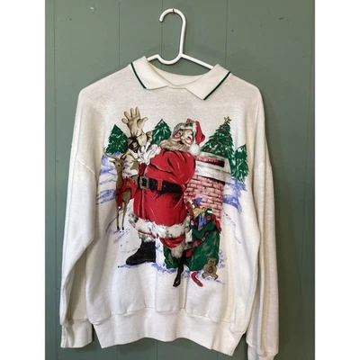 Haband Santa Reindeer Christmas Ugly Sweater Sweatshirt Womens M Vintage BELLS - Image 1 of 4