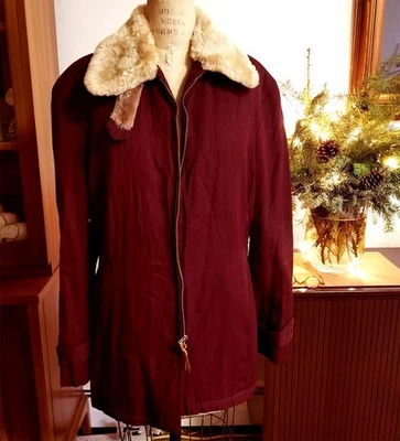 VTG 1950's BURGUNDY Gabardine Winter Jacket W/Quilted Liner & Mutton Collar. - Image 1 of 4