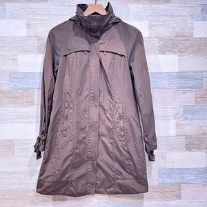Abrigo de lluvia Cole Haan satinado con capucha marrón cremallera completa palangre nailon para mujer mediano - Imagen 1 de 10