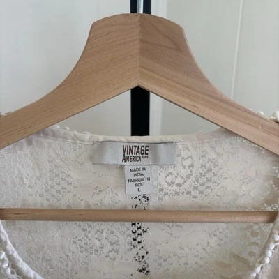 Blusa Vintage America Blues Feminina L Renda Marfim Pradaria Western Boho Manga Sino - Imagem 1 de 4