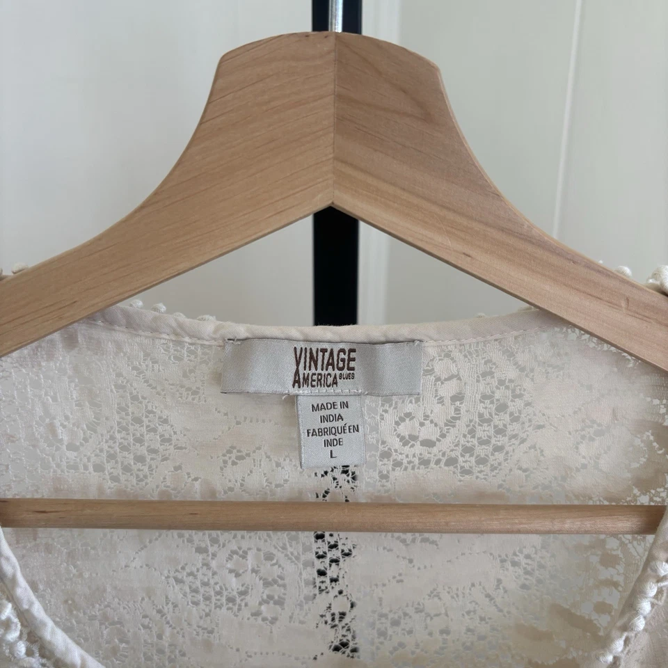 Top Vintage America Blues Para Mujer L Marfil Encaje Pradera Western Boho Manga Campana Foto 1 de 4