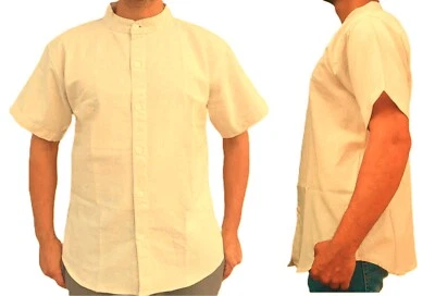 Linen Cotton Collarless Grandad Shirt Half Sleeve Yoga Wear - Image 1 of 4