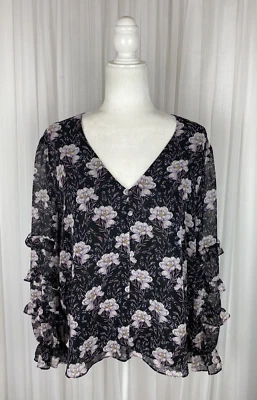 Blusa State Talla XL Negra Rosa Floral Cuello en V Gasa Mangas Transparentes con Volantes Foto 1 de 4