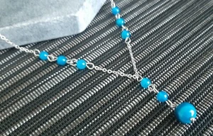 Healing Stone Blue Agate Y Shaped Lariat Necklace Non-Tarnish Steel Chain - Picture 1 of 8