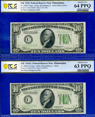 1934 1934A $10 Philadelphia FRN PCGS 64PPQ rare changeover Fr 2005-C Fr 2006-Cm - Image 1 of 2