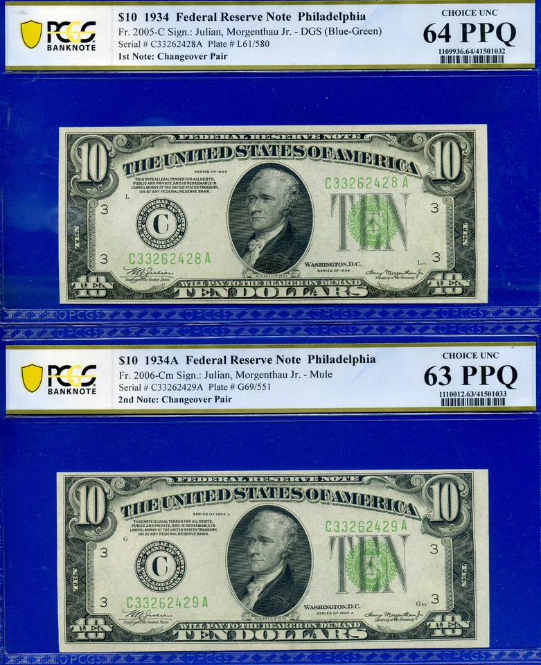 1934 1934A $10 Philadelphia FRN PCGS 64PPQ rare changeover Fr 2005-C Fr 2006-Cm - Image 1 of 2