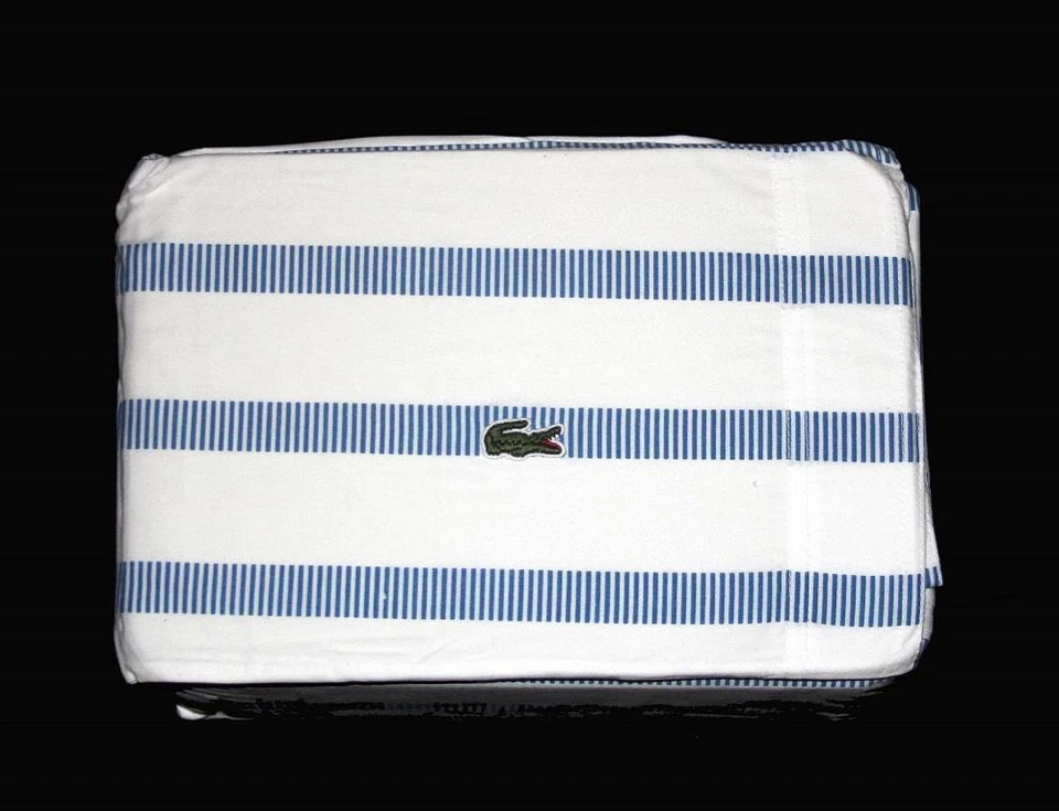 Juego de sábanas Queen de algodón sarga cepillada rayas azules blancas LACOSTE con apliques de 4 piezas nuevo en paquete Foto 1 de 1
