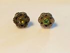 Vintage Floral Silver-Tone and Green Gemstone Post Earrings, One Stone Missing!!