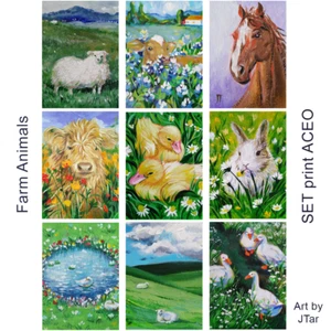 SET 9 ACEO Impresión Animales de granja con pintura de campo - Imagen 1 de 6