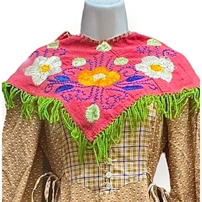 Mexican Embroidered Poncholette Vintage Pink Floral Embroidery Fringe 1950s–70s - Image 1 of 4