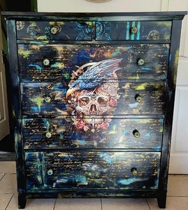 Steampunk Skull and Raven Tall Chest Of Drawers. Gothic/ Industrial. - Picture 1 of 5