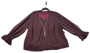 JM Collection Blouse Womens Plus Size 3X Burgundy Black Cheetah Long Sleeve New - Picture 1 of 7