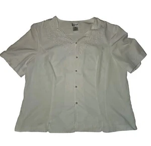 Womens Embroidered Blouse White Pearl Button Up Size 16 Western Cottagecore - Picture 1 of 8