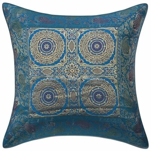Elephant Brocade Self Design Cotton Cushion Cover Blue 16x16 Floral Pillow Case - Picture 1 of 5