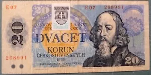 SLOVAKIA 20 KORUN NOTE , P15, issued 1993, STAMP ON CZECHOSLOVAK NOTE P 95 - Picture 1 of 2