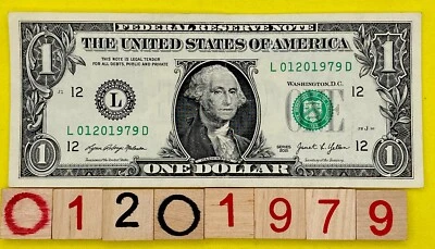 January 20 1979 Birthday Date Note L 01201979 Fancy Serial Number $1 Dollar Bill - Image 1 of 4