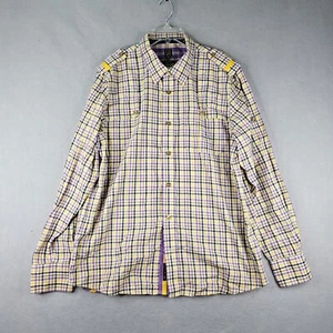 Cavi Dress Shirt Mens 2XL Purple Yellow Plaid Military Style Gold Button - Picture 1 of 11