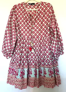 Super *ZARA* Cotton Hand Block Printed Tunic Top with Pom Pom Tassels XL - Picture 1 of 21