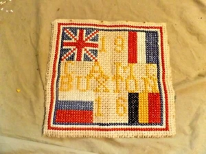 WWI Antique 1916 Folk Art Textile Trivet CAMC BUXTON Canada Cross Stitch Flags - Picture 1 of 5