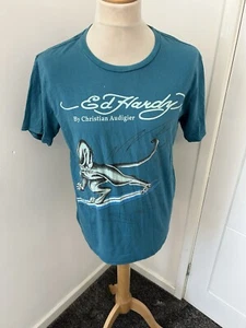 Vintage Ed Hardy Made in USA Blue Panther T-Shirt XXL 2XL Christian Audigier - Picture 1 of 7