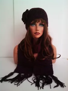 PLUM-WINE HAND CROCHET FLOWER HAT AND SCARF SET BEANIE SKULL SKI CAP TAM - Picture 1 of 5