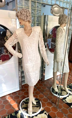 Vestido de Colección Años 80 Laurence Kazar Marfil Blanco Encaje Cuentas Manga Larga Talla S/M Foto 1 de 4