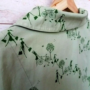 Sleep Sense Womens Pajama Top SMALL Green Bicycle Print Tie Front Slit Sleeves - Bild 1 von 9