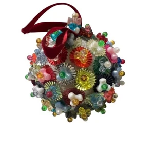 Retro Hand Decorated 3" Styrofoam Beaded Christmas Ornament Sparkle Vintage - Picture 1 of 6