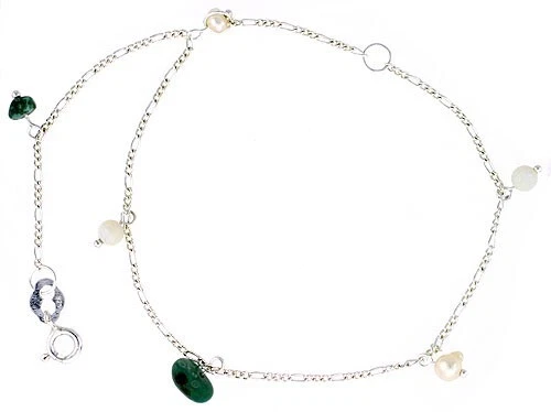 925 Sterling Silver Anklet with Natural Turquoise Nuggets and Pearls Fits 9"-10" - Image 1 of 1