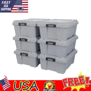 Plastic Utility Storage Stacking Organizer Box Gray W/ Lid 12 Gal 6 Pack Outdoor - Picture 1 of 4