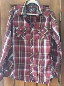 BKE Buckle Pearl Snap Shirt Men Size XL Red YellowPlaid Long Sleeve Standard Fit - Picture 1 of 4