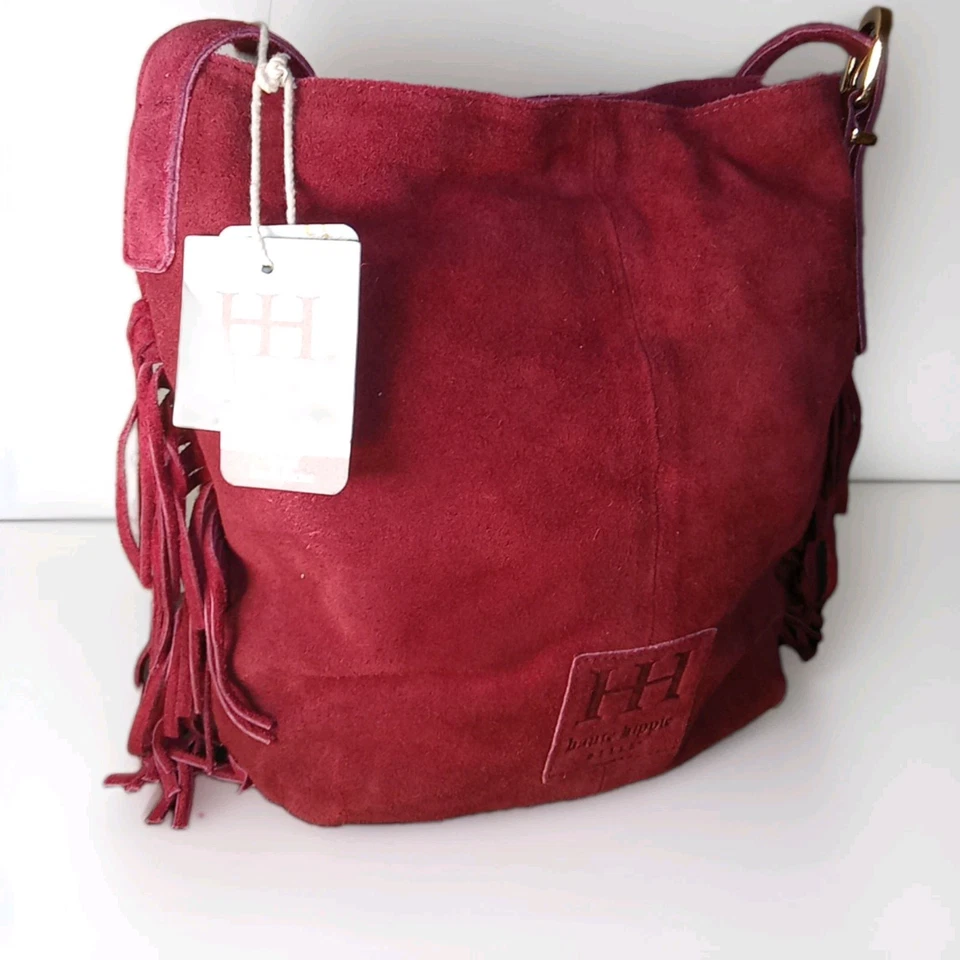 Nuevo con etiquetas Bolso Cubo Gamuza Genuino Flecos Alto Hippie Monedero Granate Oscuro Dorado Herrajes Foto 1 de 4