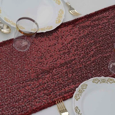 12"x108" Burgundy SEQUIN TABLE RUNNER Wedding Catering Event Reception Linens - Image 1 of 4