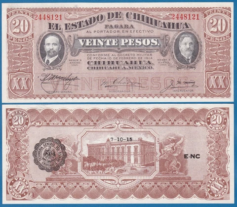 Mexico CHIHUAHUA 20 Pesos P S537 b 1915 UNC  (P-S537b) Cover